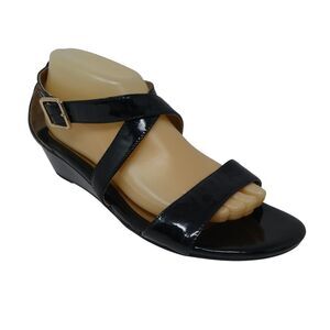Sofft Innis Black Patent Leather Open Toe Strappy Wedge Heel Sandals